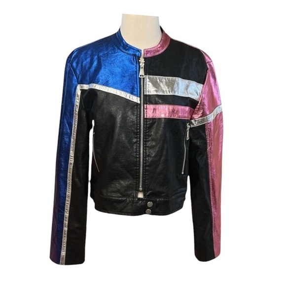 Urban Outfitters Snoh Faux Leather Pink, Blue, Silver Metallic Jacket sz Large - Picture 2 of 16